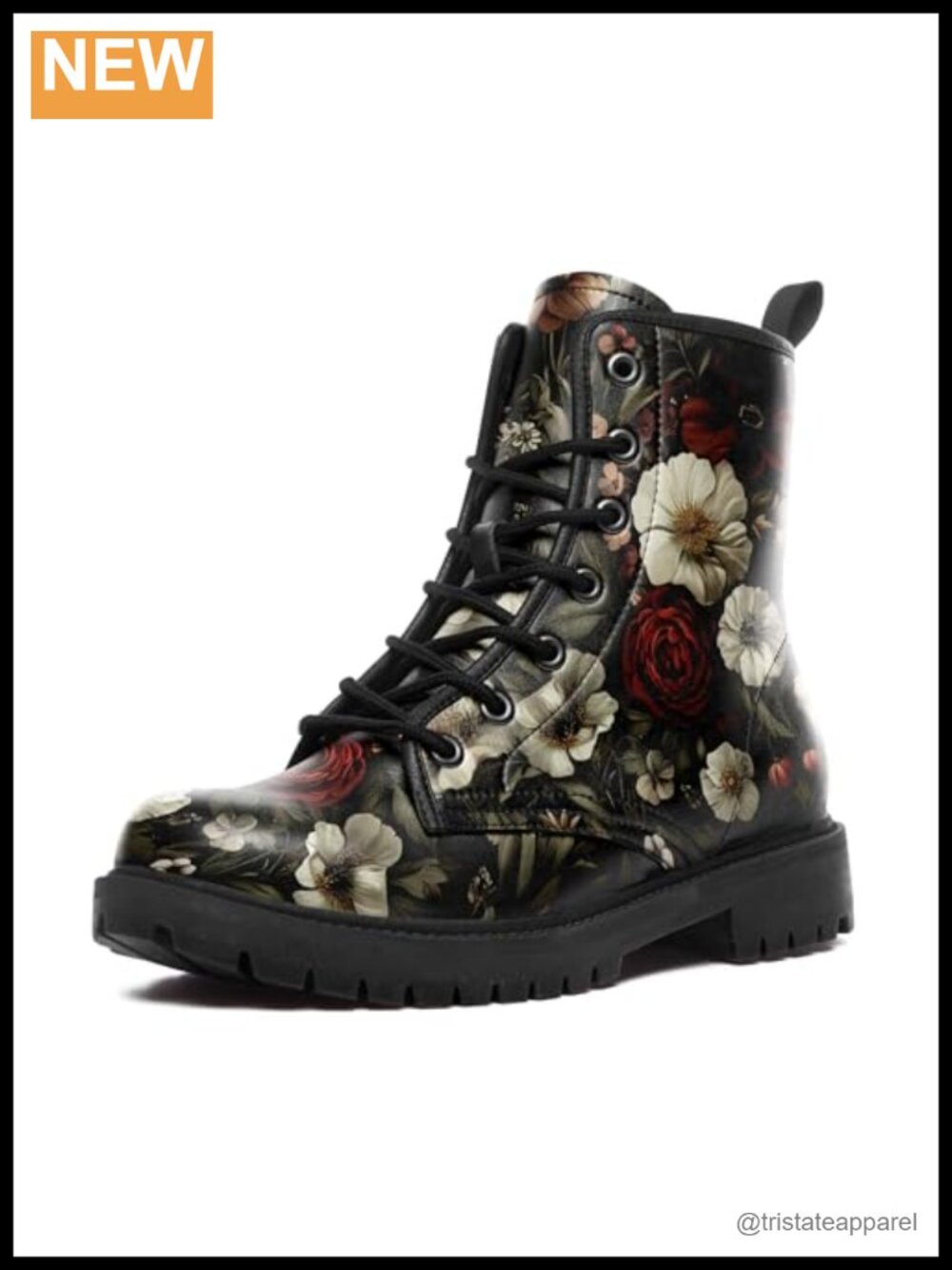Vintage Floral Combat Boots Women Microfiber Leather Lace-Up Platform Ankle